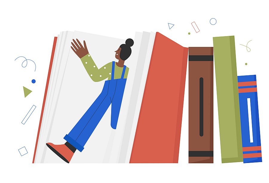 Comiczeichnung eines Bücherbretts. Das linke Buch ist geöffnet. Ein Mädchen scheint aus dem Buch herauszusteigen.