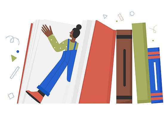 Comiczeichnung eines Bücherbretts. Das linke Buch ist geöffnet. Ein Mädchen scheint aus dem Buch herauszusteigen.